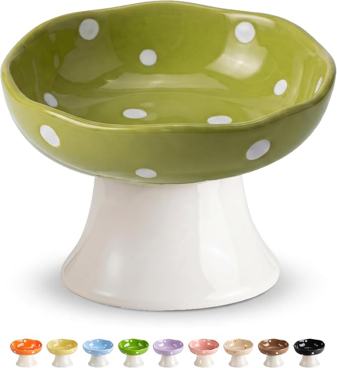 Mushroom Cat Bowl, Elevated Ceramic Cat Bowl, Avocado Green | Cute Mushroom Design • Avocado Green • Elevated Feeding • Whisker Friendly • Smooth Ceramic