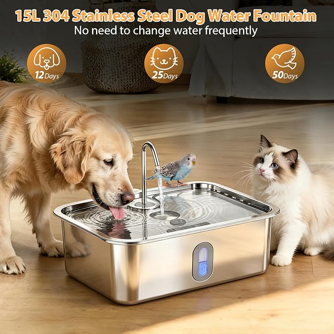 15L/4Gal Stainless Steel Dog Water Fountion Pet Fountain,6Set Filter | Ultra Quiet,Extra Large Capacity,5 Layer Filtration System,Water Level Window & LED Light,Visible Faucet-Style Spout