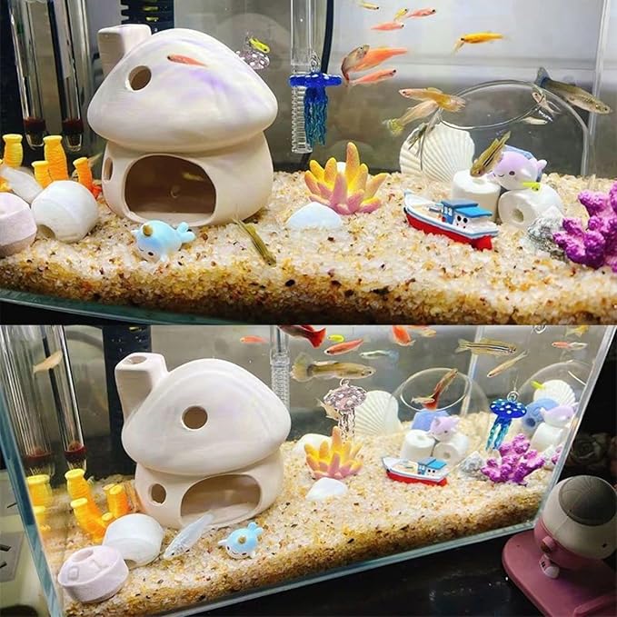 Saim White Ceramic Mushroom Aquarium Decor, Fish Tank Hideout Cave, Betta Shrimp Pleco Goldfish Breeding Hiding Shelter Ornament