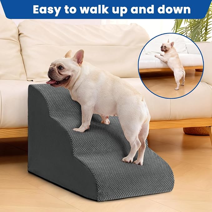 Dog Stairs for Small Dogs & Cats,3 Steps Non-Slip Pet Ramp for Couch,15.7"H | Airpanda Pet Stairs with Washable Cover & High-Density Foam,Gentle Curved Design,Ideal for Senior & Short-Legged Dogs,Grey