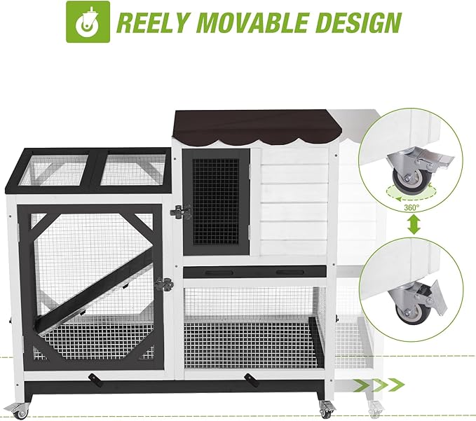 Gutinneen 2-Story Rabbit Hutch Bunny cage with Chew-Proof Ramp, Locking Leak-Proof Trays - Indoor/Outdoor 39.3" Wooden Rabbit Cage with Wheels for Rabbits, Guinea Pigs, Small Animal (Black and White)