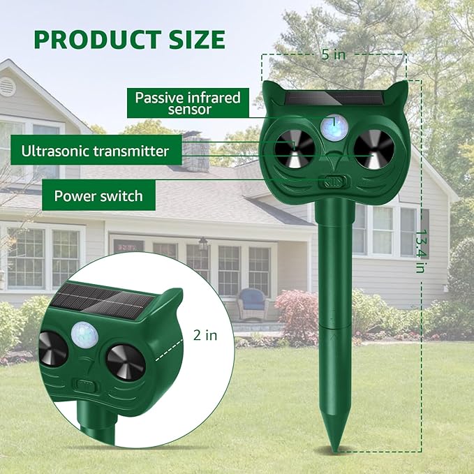 Solar Ultrasonic Animal Repellent Outdoor Motion Sensor Deer Repellent Devices Squirrel Cat Raccoon Deterrent with Strobe Light Dual Mode, Keep Skunk Away Protection for Yard Garden Lawn 1Pack