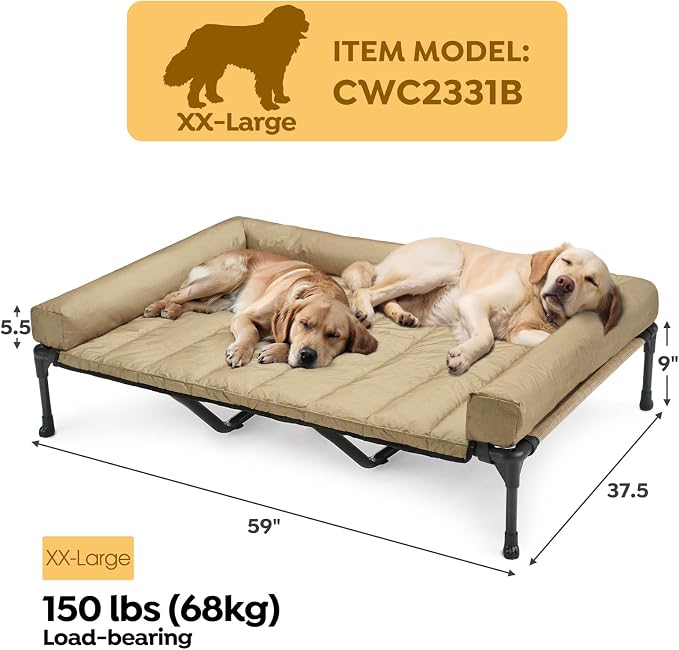 Veehoo Cooling Elevated Dog Bed Add Removable Waterproof Bolster Cushion Mat, Raised Pet Cot with Breathable Teslin Mesh, No-Slip Feet, Dog Couch Bed for Indoor Outdoor, 59x37.5inches, Beige, CWC2331B