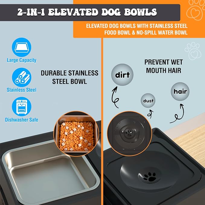Elevated Dog Bowls, Raised Dog Bowl Stand with 4 Adjustable Heights, Stainless Steel Food Bowl & No-Spill Water Bowl – Dog Bowls Elevated for Small, Medium & Large Dogs