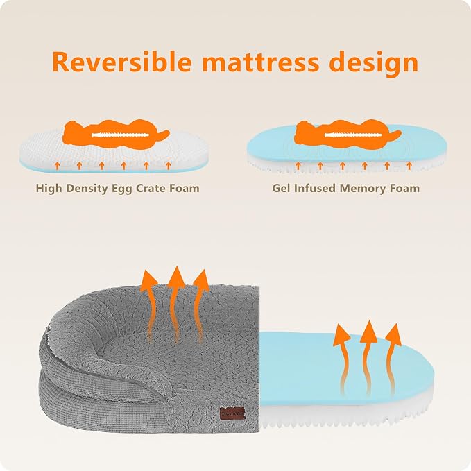 Dwanton Orthopedic Dog Bed for Medium Dogs with Gel Memory Foam, Waterproof Dog Sofa, Washable Pet Bed with Four Sided Bolster Cushion, Removable Cover & Non-Slip Bottom, 36", Plush-Medium Grey