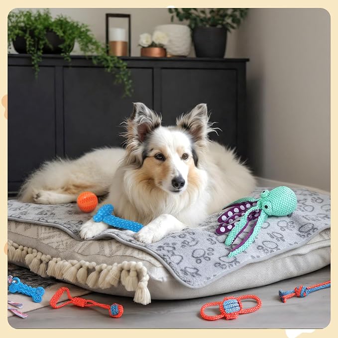 Zopeal 17 Pcs Summer Puppy Gift Set, Dog Toy & Essentials Bundle with Chew Toys, Poop Bag Dispenser, Grooming Brush, Training Bell, Blanket & Rope Basket(White,Octopus)