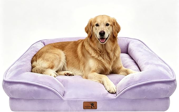 Spotted Play Orthopedic Dog Bed with Sides - Sofa Beds for Extra Large Dogs, Supportive Foam Pet Couch Bed with Washable Removable Cover, Waterproof Lining and Non-Slip Bottom, Purple - XL