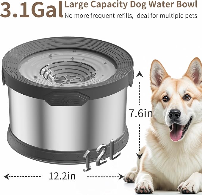 12L Dog Water Bowl No Spill 3.1 Gallon Super Large Capacity Stainless Steel No Splash Dog Bowls 405oz Slow Drinking Feeder with Non-Slip Base Pet Water Dispenser for Dogs