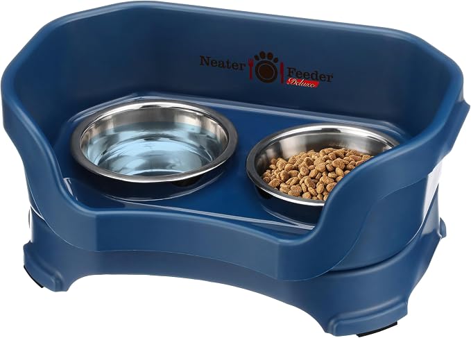 Neater Pet Brands Neater Feeder Deluxe Mess Proof Cat Bowls Elevated, Made in USA, No Spill Raised Bowls for Indoor Cats, Stainless Steel Food and Water Bowl Set, Pet Dish Feeding Station, Dark Blue