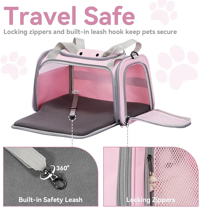 Petsfit Cat Carrier Airline Approved, 17.5×10.5×10.5 in, Pink | Escape-Proof Design with Locking Zippers & Safety Leash, Easy-Access 3-Way Entry, Washable Mat up to 12 lb