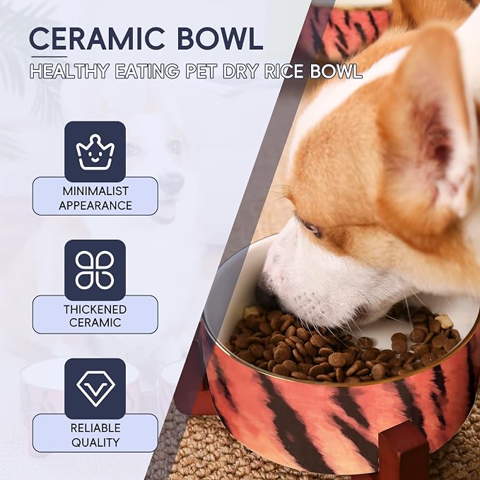 Dog Bowl Set with Wood Stand, Non-Slip Anti-Tip Elevated Design, Double Ceramic Animal Food Water Cat Bowls, Suitable for Large/Medium Sized Dog Pet Feeder Dish Station - 32 OZ, Tiger Stripe