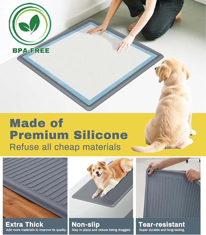 Thick Silicone Pet Pee Pad Holder, Medium Tray for 22" x 22" Disposable Pads, Raised High Edge Leak-Proof Training Mat for Puppy, Dogs, Cats