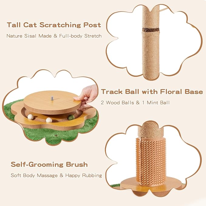 45" Tall Cat Scratching Post with Toy | Sisal Rope, Track Balls, Slef-Grooming Brush, Hanging Ball Toy