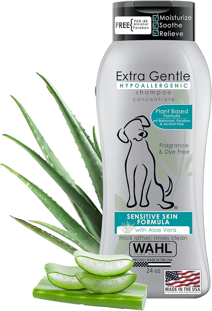 Wahl USA Extra Gentle Hypoallergenic Dog Shampoo – Plant Based for Sensitive Skin - pH Balanced, Alcohol Free, Paraben Free, PEG-80 Free Formula - Fragrance and Dye Free, 24 Oz – Model 3025811