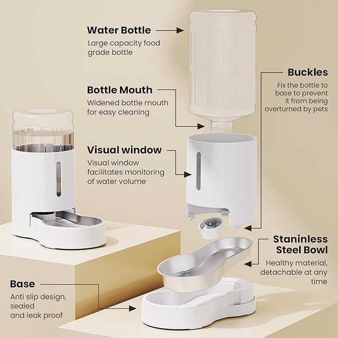 CZPET Dog Water Bowl Dispenser, 7L Automatic Dog and Cat Water Dispenser with Stainless Steel Bowl, Gravity Waterer, Large Capacity, and Quiet Drinking Area for Pets (7L,White)