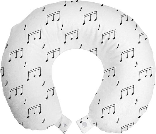 Ambesonne Music Travel Pillow Neck Rest, Musical Notes Theme Melody Sonata Singing Song Clef Tunes Hand Drawn Style Pattern, Memory Foam Traveling Accessory for Airplane and Car, 12", White