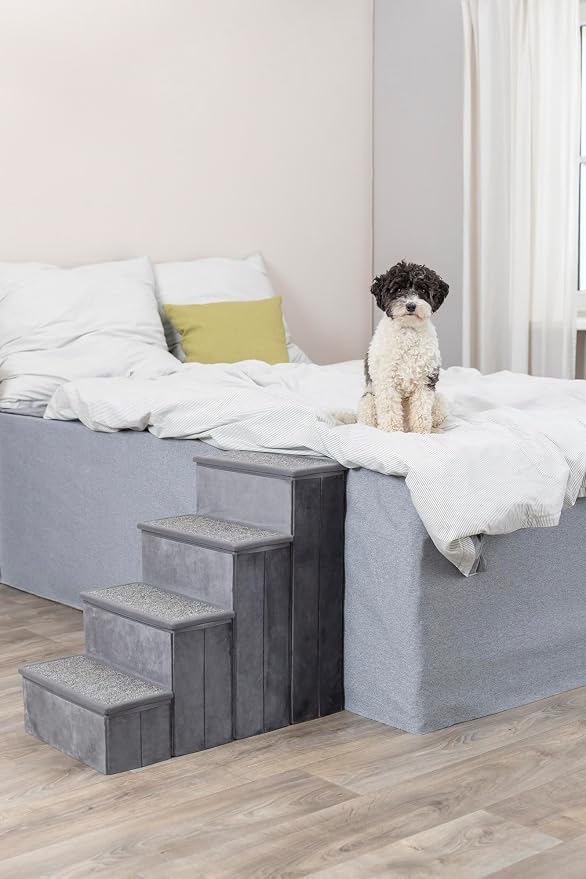 TRIXIE 4-Step Velour Pet Stairs, Gray | Collapsible, Storage Compartments for Pet Toys, Ideal for Dogs and Cats