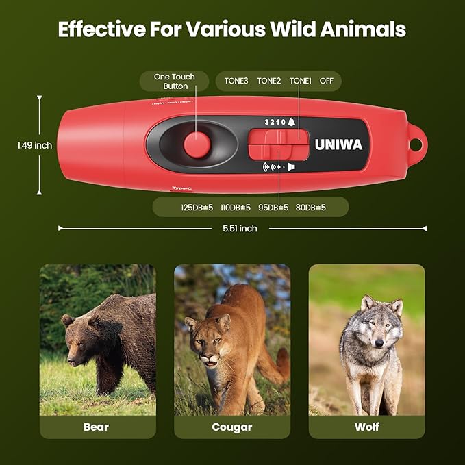 UNIWA Electronic Air Bear Horn, 120±5 dB Loud Air Horn for Safety Hiking Camping Emergency Whistle with Compass & Thermometer, Bear Horn to Scare Bears - Self Defense for Hiking -Red