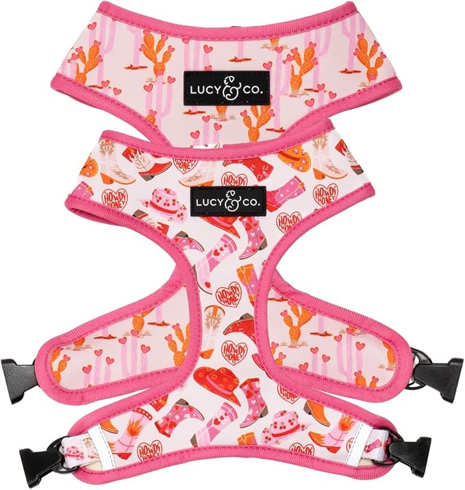 Lucy & Co. Reversible Dog Harness - Water-Repellent Neoprene, Dual-Print Design, Easy Swap Style, Adjustable Comfort Fit - Howdy Honey Reversible Harness - Large