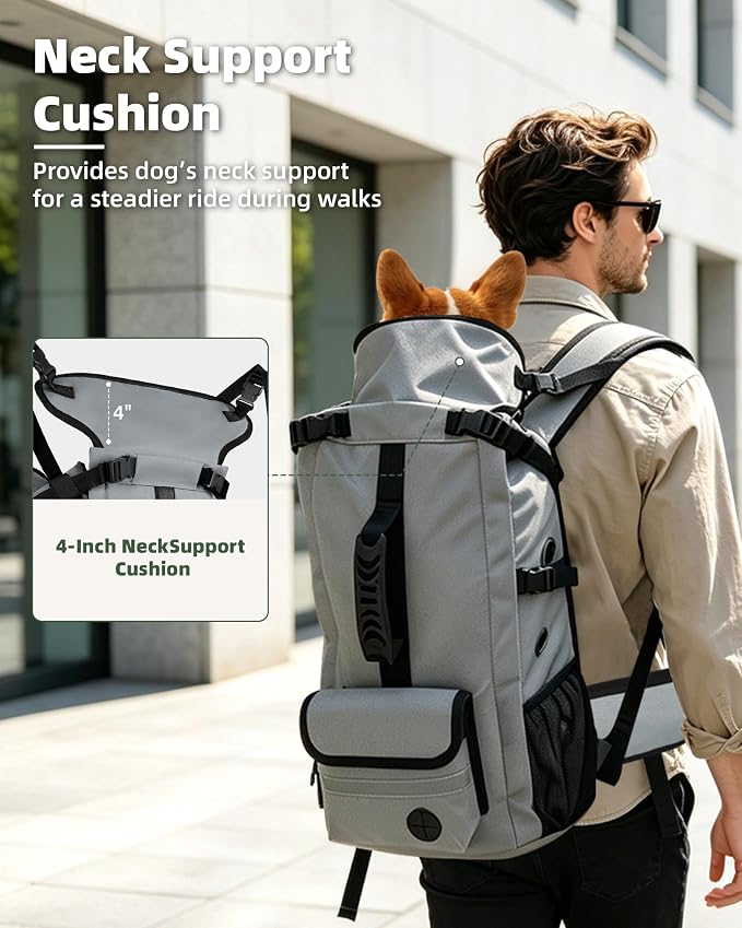 Breathable Dog Hiking Backpack Carrier for Medium Dogs, Grey | 4-Layer Protection, Adjustable Dog Backpack with Storage Pockets, Reflective Strips, 3D Ergonomic Support, Under 33 lb