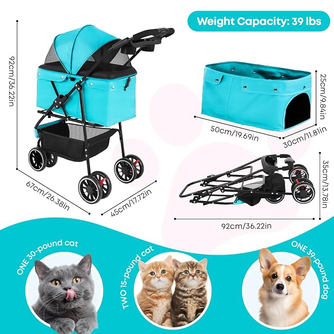 Pet Stroller,Dog Stroller for Small Medium Dogs Cats,3 Wheels,Mint Green | Foldable,with Breathable Mesh Canopy,Cup Holders,Easy Assembly