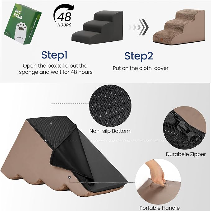 GoGoBunny Ramp Dog Stairs for Couch Sofa and Chair 11.8" H, 2-Step Pet Steps for Small Dogs and Cats, Non-Slip Waterproof Fabric Cover, Stable and Balanced Indoor Step, Pets Friendly, Camel