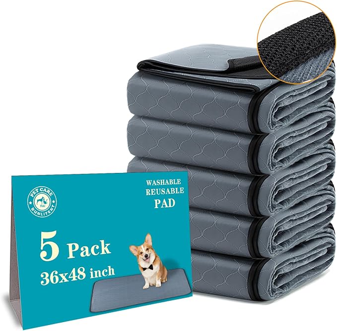 Bunlitent Washable Pee Pads for Dogs, 36"x48", 5 Pack, Reusable Puppy Pads | Reusable, Quick Dry, Anti-Slip, Large, Waterproof, Whelping Pad for Pet, Playpen, Incontinence, Housebreaking, Training, Grey