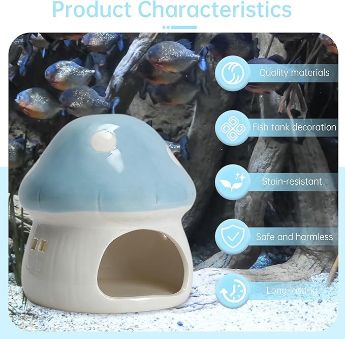 AnRui Ceramic Mushroom Aquarium Decor Cute Mini House Betta Fish Tank Accessories Decoration Hideaway Hideout Cave Ornament for Small Fish, Shrimp, Goldfish and Reptiles (Blue, Large)
