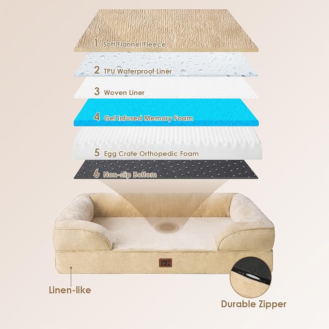 EHEYCIGA Orthopedic Dog Beds Large Sized Dog, Waterproof Washable Pet Bed | Non-Slip Bottom and Egg-Crate Memory Foam XL Dog Couch Bed with Washable Removable Cover, Greige