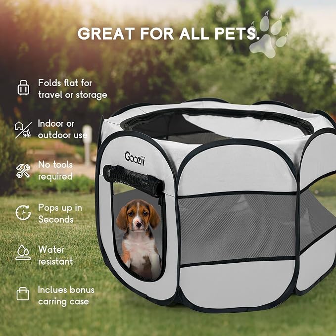 Goozii Pet Cat Playpen for Indoor Cats Enclosed, Puppy Dog Play Pen for Outdoor Travel Camping (Medium Size, Light Grey)