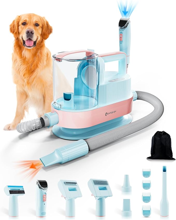 PETGUGU Dog Grooming Vacuum & Dryer for Shedding 7-in-1 Pet Clipper | All-in-One Dog Grooming Kit: vacuuming, brushing, shedding, trimming & drying. 3 adjustable temp, 2.5L dust cup, low noise.