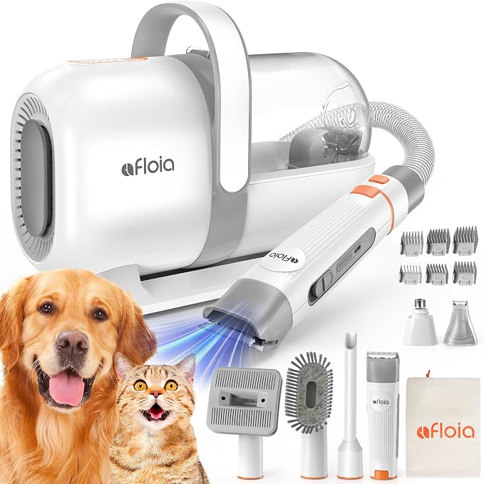 Afloia 6-in-1 Dog Grooming Vacuum Kit, Pet Clipper & Nail Grinder, White | All-in-one grooming covers brushing, clipping, trimming and nail care, 1.5L dust cup, 3 suction levels, low-noise comfort