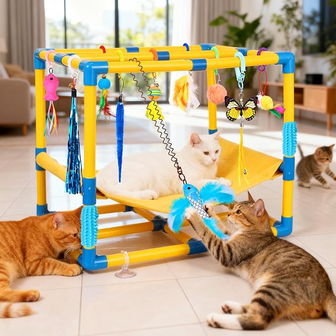 Cat Jungle Gym With Hanging Interactive Toys, Hammock Cat Activity Center | With Cat Self Groomer, Removable PVC Frame With Colored Spring Rope, Cat Enrichment Toys For Bored Indoor Adult Cats, Kittens