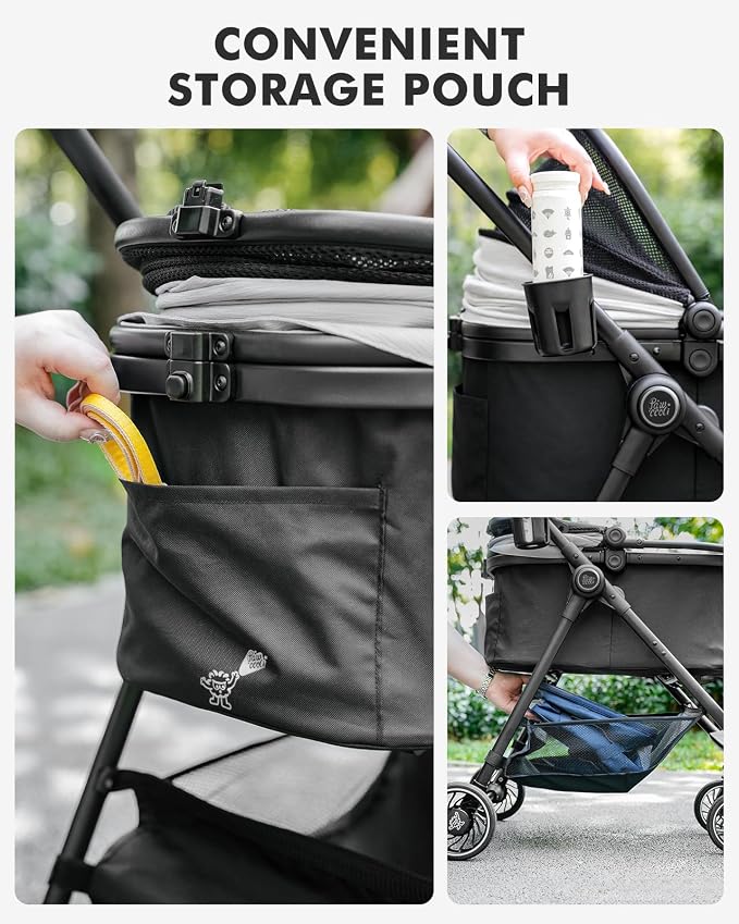 Pet Stroller for Small Dogs and Cats, One-Click Foldable Dog Stroller with Detachable Carrier & 3 Safety Tethers, Holds up to 33 lbs, Storage Basket & Cup Holder, Breathable Mesh, Black