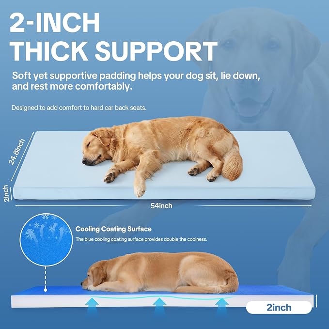 Cooling Dog Car Seat Bed for Back Seat, Blue Waterproof Dog Car Seat Cushion with Removable Machine Washable Cover, Thick Supportive Pet Travel Mat with Non-Slip Bottom, 54"L x 24.8"W x 2"H
