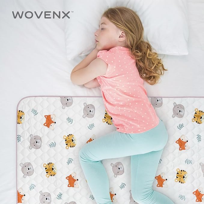 Organic Incontinence Pads for Kids & Toddlers - 5 Layer Waterproof Protectors for Overnight Bed Wetting - Reusable & Washable Pee Pads - Fits Twin to Full Size Beds - 34" x 52" Tiger Bear Fox