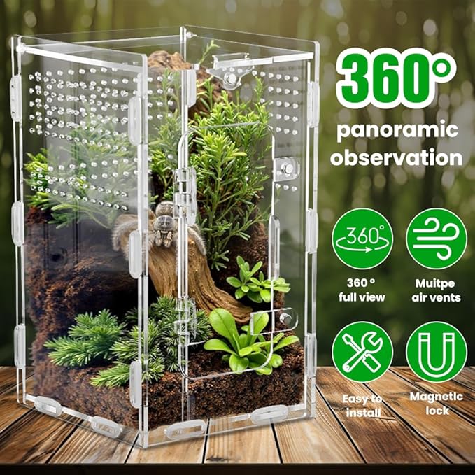 Jumping Spider Terrarium, Complete Acrylic Habitat Kit with Dual Doors, Feeding Tools for Spiders, Tarantulas, Mantis, Small Reptiles, 4.7x4.7x7.9 Inch