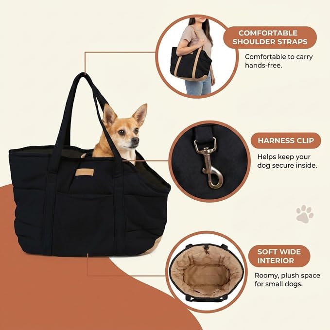 Plush Dog Purse Carrier for Small Dogs, Soft Tote Bag with Safety Harness Clip, Cozy Pet Carrier for Dogs Under 15 lbs, Comfortable Shoulder Carrier for Travel, Black 2.0