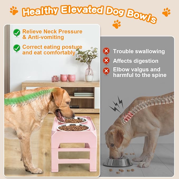 COMESOON Elevated Dog Bowls, 4 Height Adjustable Raised Bowl Stand with 2 Thick 50oz Stainless Steel Food Bowls Non-Slip Feeder Adjusts to 3.7'', 9.2'', 10.75'', 12.36'' Pink