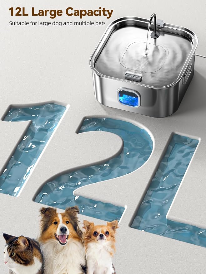Dog Water Fountain Stainless Steel, 410oz/3.2Gal/12L Large Pet Water Fountain for Large Dog, Dog Water Bowl Dispenser with Water Level Window & LED Indicator, Super Quiet, with 2pcs Filters