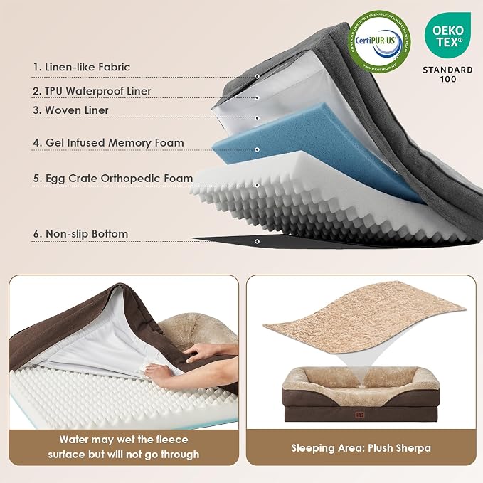 EHEYCIGA Orthopedic Dog Bed for Medium Dog, Memory Foam Dog Couch, Brown | 35x22 Inch Dog Sofa with Sides, Waterproof Liner & Washable Removable Cover, Bolster Pet Couch