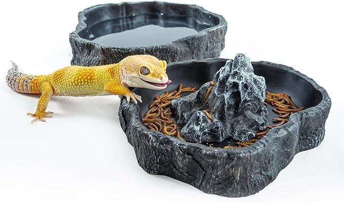 2 Pack Large Reptile Food Bowl and Water Bowl Set, Drowning Prevention Reptile Water Dish and Food Dish with Simulated Rockery, Terrarium Decoration Bowls
