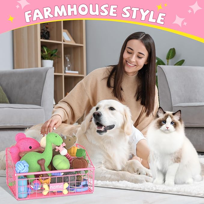 Kaiferty Indestructible Dog Toy basket, Small Toy Box for Dogs, Pet Toy Bin Dog Metal Basket for Toys, Toy Storage Organizer,Dog Toy Box for Living Room Area(Pink)