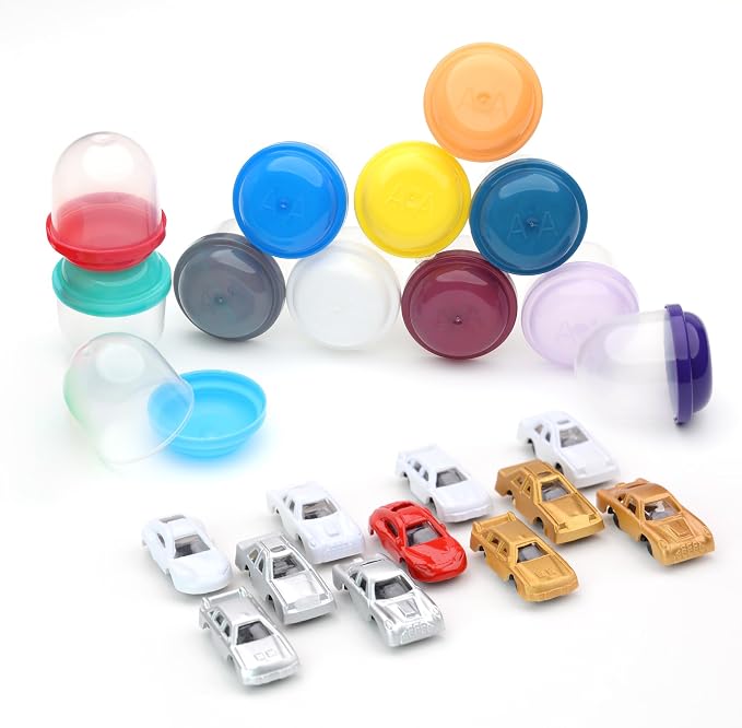 Vending Machine Capsules with Toys - 100 Pcs of 1.1 Inch Tiny Frosty Clear-Colored Acorn Capsules and Mini Racing Car Toys for Kids - Plastic Capsules for Toys Bulk - Easter Basket Stuffers