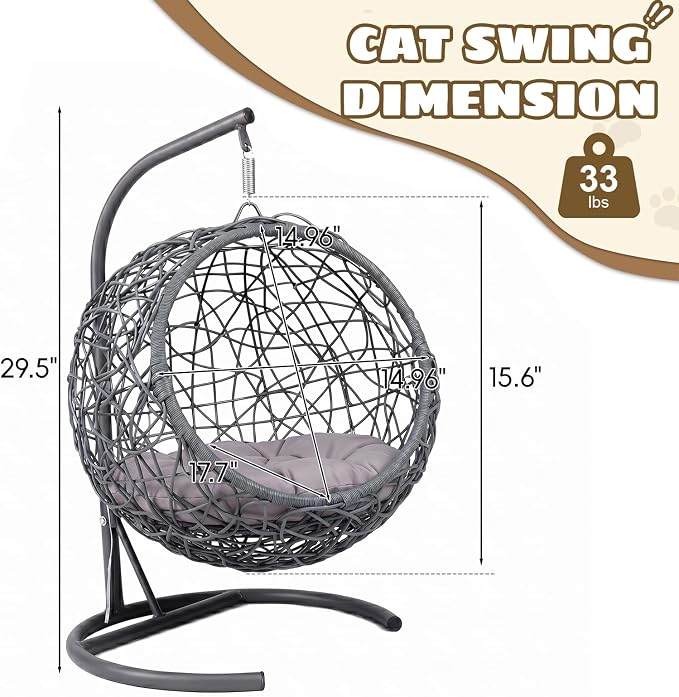 Hanging Cat Swing Bed with Stand & Cushion | Rattan Wicker Egg Chair for Cats, Small Dogs & Pets, Indoor Swinging Bed, Cozy Resting Spot, Modern Design