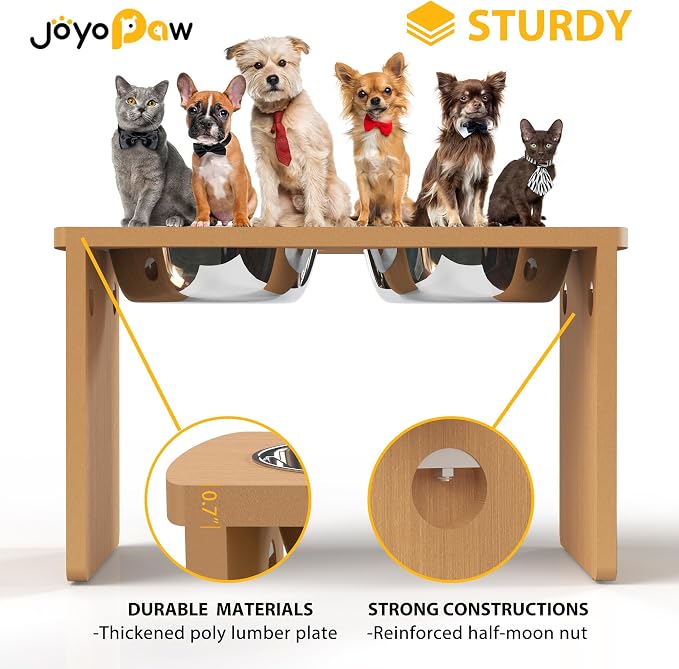 Elevated Dog Bowls, Waterproof Raised Dog Bowl for Medium & Large Dogs, HIPS Poly Lumber Stand with 2 Stainless Steel Bowls (HIPS Poly Lumber, Teak-Color)