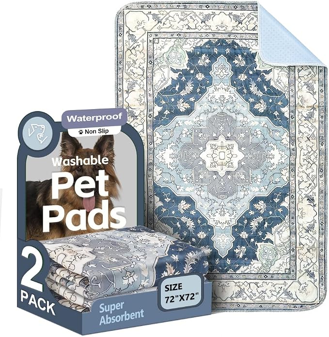 Washable Pee Pads for Dogs, 2 Pack Reusable Puppy Training Pads 72"x72" Super Absorbent Waterproof Dog Training Pads, Non-Slip Potty Pads, Whelping Pads Litter Mat Navy & Ecru