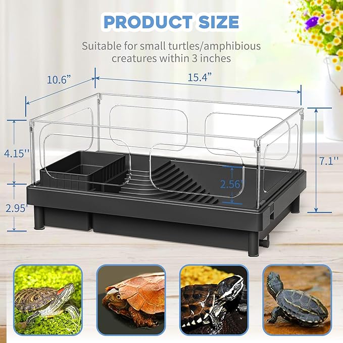 MoonOrange Small Turtle Tank Kit, Acrylic Turtle Tank Starter Kit with Basking Platform, Bottom Drainage, Multi-Function Areas for Turtles, Crabs, Crayfish, Small Reptiles (Black Kit)
