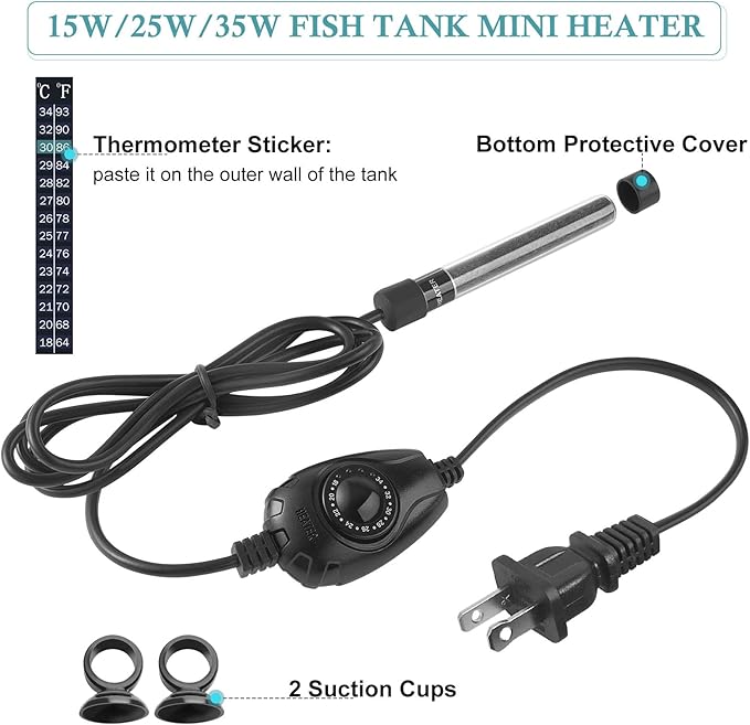 HITOP 35W Super Mini Aquarium Heater: Adjustable Heater for Small Fish Tank 4-10Gallons, with External Controller, Betta Heater for Fish Bowls(35W)