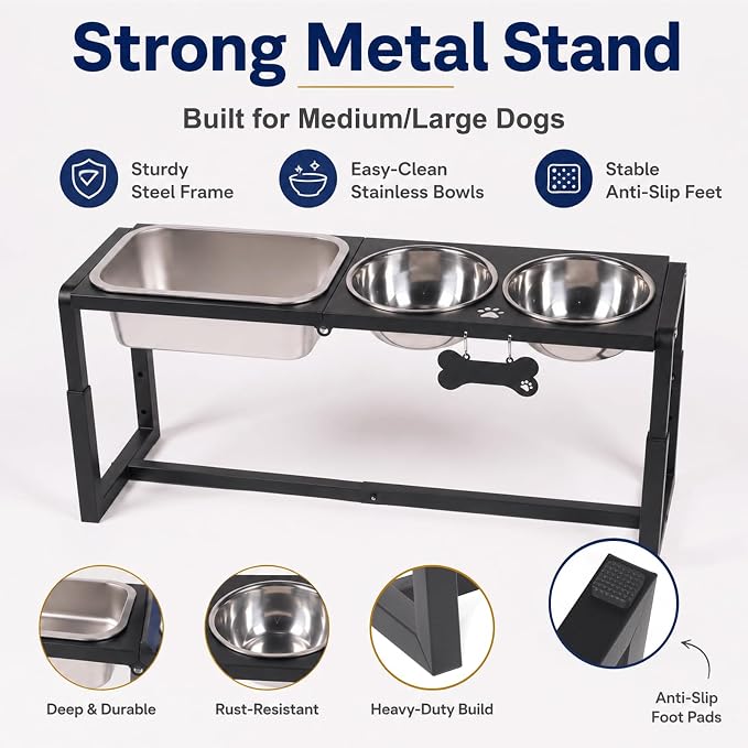 Metal Elevated Dog Bowls for Medium/Large Breed, 3 Adjustable Height(8.8''/11.5''/14'') Raised Dog Bowl Stand with Two 58oz & One 1.2gallons Large Stainless Steel Dog Food Water Bowls